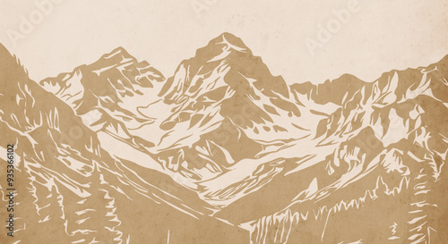 Mountain landscape. Vector graphics. Logo design for use in graphics. T-shirt print, tattoo design. Minimalist illustration for printing on wall decorations. Vintage grunge old .