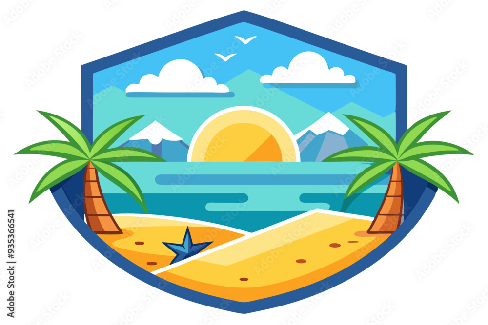 Obraz premium Tropical Beach Scene with Palm Trees, Mountains, and Sunset