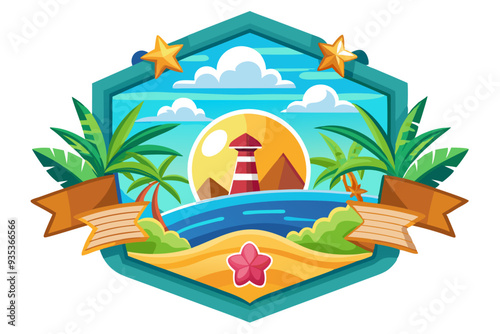 Colorful Illustration of a Tropical Beach Scene with a Lighthouse