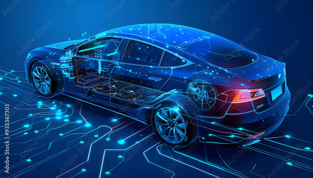transformer and electric car on a blue background, elements are highlighted transformer and electric car on a blue background, elements are highlighted