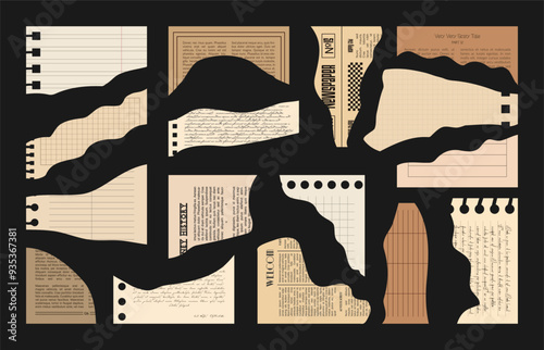 Abstract Paper cut shapes for Collage. Pieces of vintage newspapers, old books and notebooks. Trendy page parts with straight edges for Scrapbook. Lined and squared copybook sheets for school designs