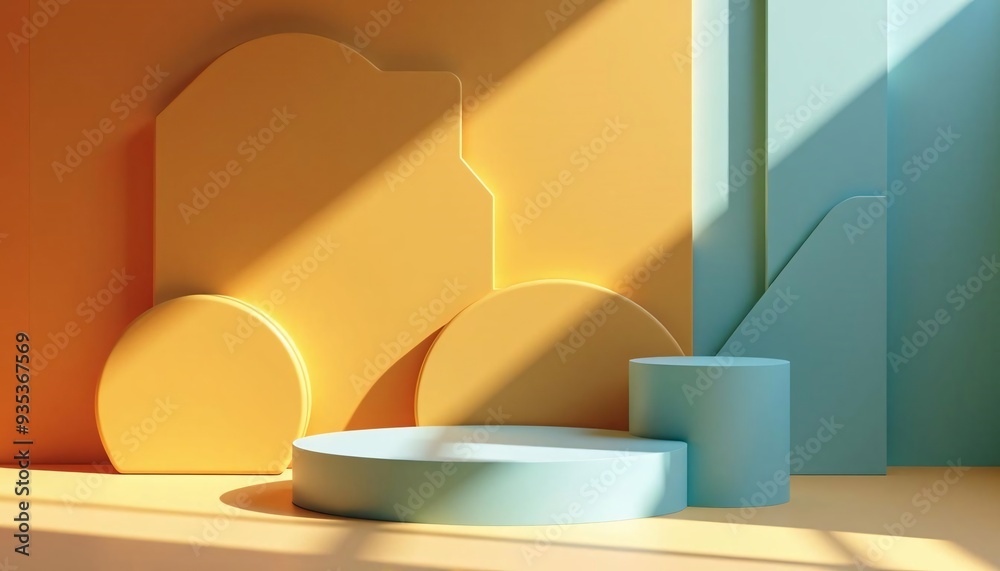 A set of three blue and yellow cubes with a round blue cube in the middle A set of three blue and yellow cubes with a round blue cube in the middle