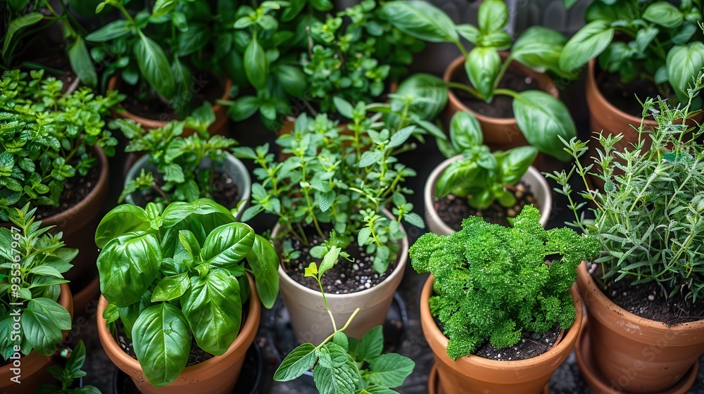 Herbs Growing. Assorted Fresh Herbs in Pots for Culinary Cooking Herbs Growing. Assorted Fresh Herbs in Pots for Culinary Cooking