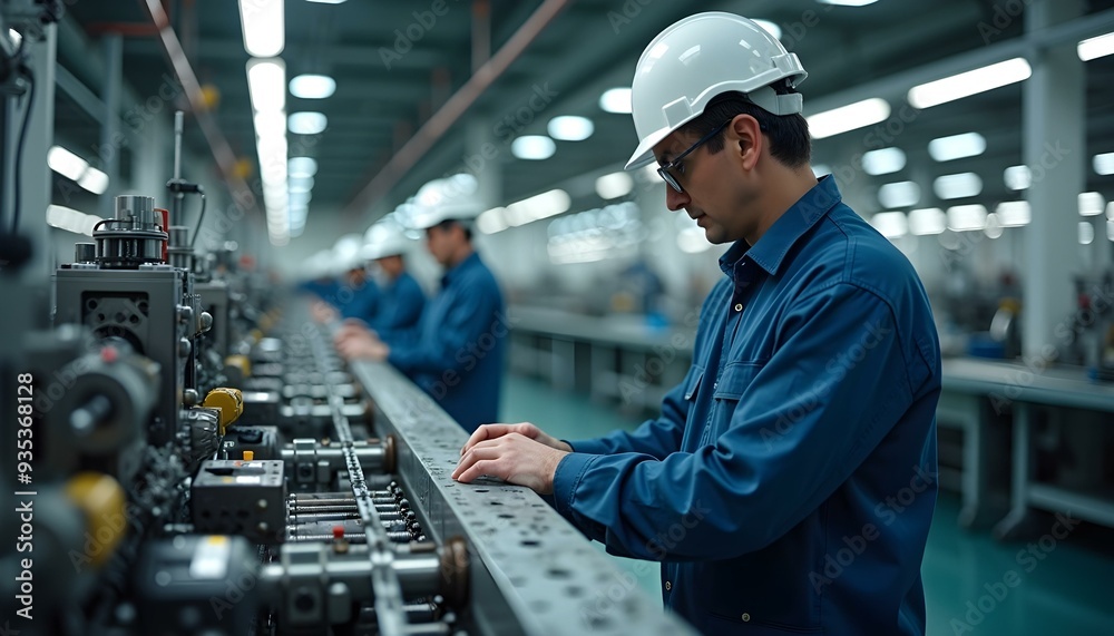 A production worker operating an advanced machine in a modern industrial facility. Focused and precise work with cutting-edge equipment, essential for efficient production. A production worker operating an advanced machine in a modern industrial facility. Focused and precise work with cutting-edge equipment, essential for efficient production.