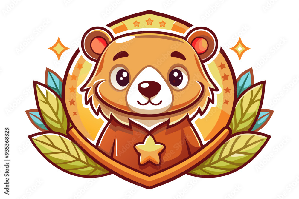 Fototapeta premium Cartoon Bear with a Star on its Chest Surrounded by Leaves and Stars