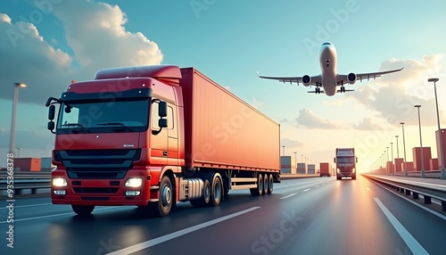 A moving truck against the backdrop of an airplane flying overhead, creating a dynamic scene of transportation and travel. The contrast between the ground vehicle and the airborne symbol of transport