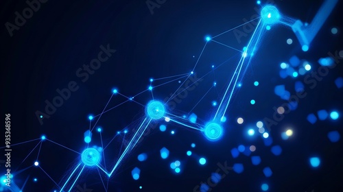 Growth chart. Business Technological concept. Polygonal abstract science illustration. With dark blue background. Low poly wireframe with lines, dots and glowing particles