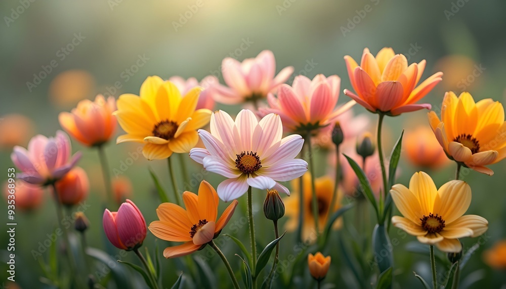 Naklejka premium Beautiful colorful flowers growing in a meadow, captured up close. Nature's vibrant details, full of life and color, creating a picturesque summer landscape.