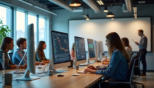 A business meeting with participants working on computers in a modern office setting, showcasing collaboration and technology.