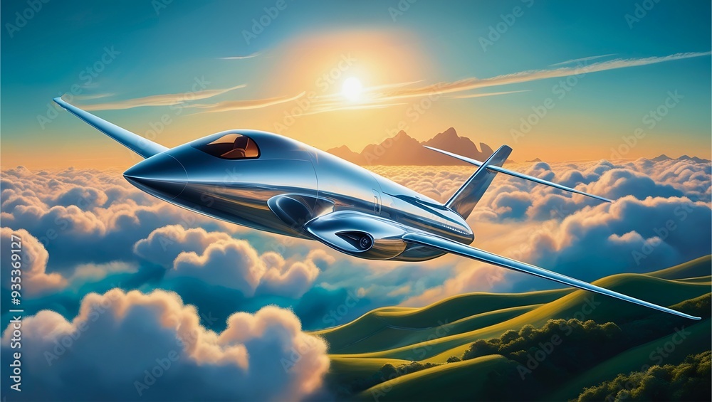 シルバーの機体と窓ひとつ無い近未来的なデザインの旅客機 シルバーの機体と窓ひとつ無い近未来的なデザインの旅客機