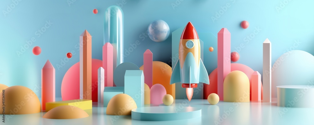 Cute Cartoon 3D Spaceship Rocket Launch in Space Scene with Fast, Secure Internet, Bright and Colorful Background, Kids Fun, Playtime, and Party Cute Cartoon 3D Spaceship Rocket Launch in Space Scene with Fast, Secure Internet, Bright and Colorful Background, Kids Fun, Playtime, and Party