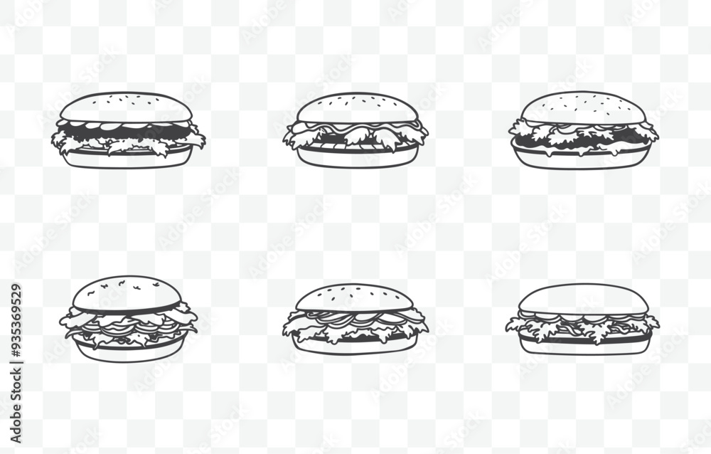 Print Pulled Pork Sandwich Line Art Vector Set with Multiple Views and Detailed Illustrations Print Pulled Pork Sandwich Line Art Vector Set with Multiple Views and Detailed Illustrations