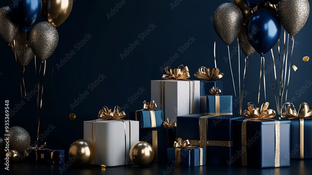 A blue and gold Christmas display with many gifts and balloons A blue and gold Christmas display with many gifts and balloons