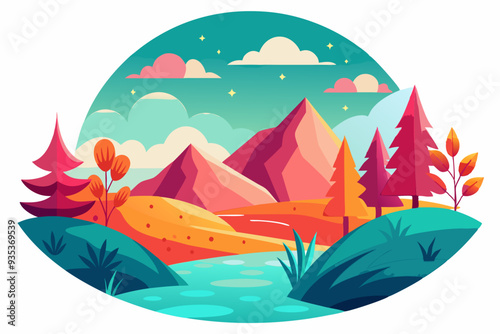 A Colorful Mountain Landscape with a River and Trees