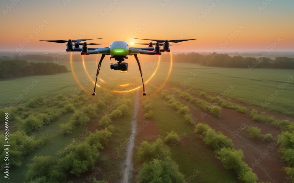 Drone Flying Over Green Field at Sunset, Camera Mounted, Propell Drone Flying Over Green Field at Sunset, Camera Mounted, Propell