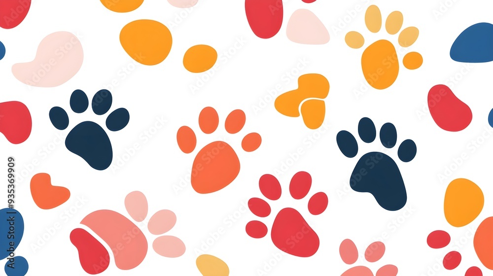 Paw prints pattern, bright diverse colors, seamless repeat Paw prints pattern, bright diverse colors, seamless repeat