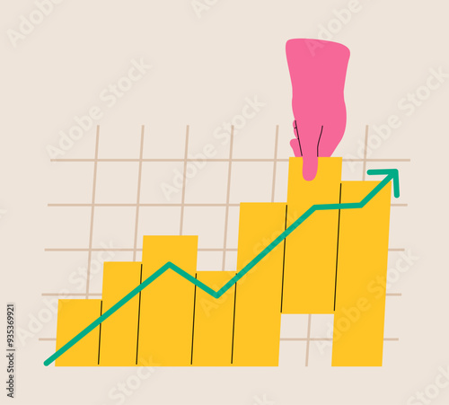 Human hand works with the data, makes a graph. Colorful vector illustration