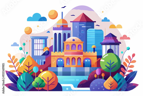 Colorful Cityscape with Buildings, Trees, and a River