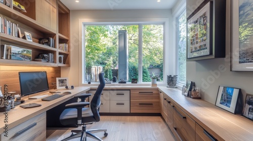 Imagine a home office with ergonomic furniture, ample natural light, and organized storage,