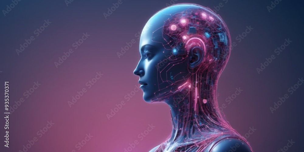 Futuristic digital illustration of human head and neck facing le