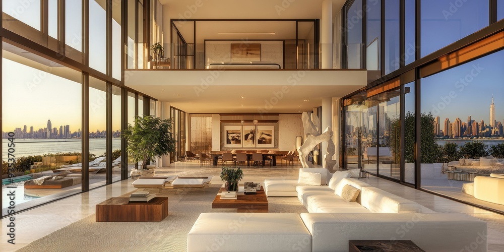 Obraz premium Modern living room with cityscape views.