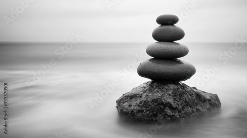 Stacked Stones on a Rock in a Misty Sea