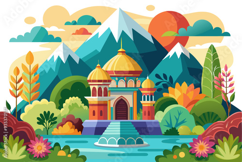 An Illustrated Palace in a Lush Mountain Landscape