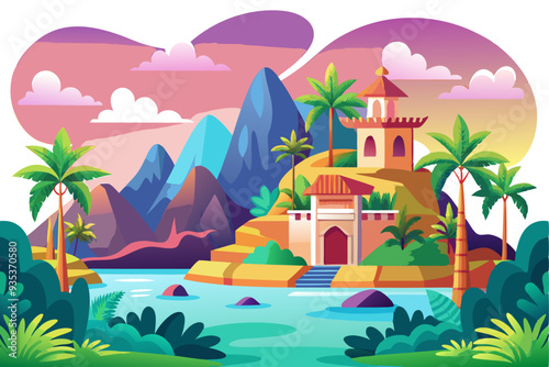Colorful illustration of a tropical landscape with a house on a hill
