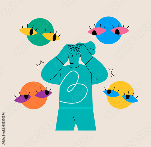Woman suffering from panic attack, nightmare anxiety. Concept of fear of ghosts. Colorful vector illustration