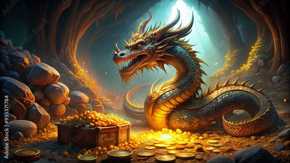 Obraz premium A majestic dragon coils around a glittering treasure trove of gold coins, precious jewels, and ancient artifacts in a mysterious, dimly lit underground chamber.