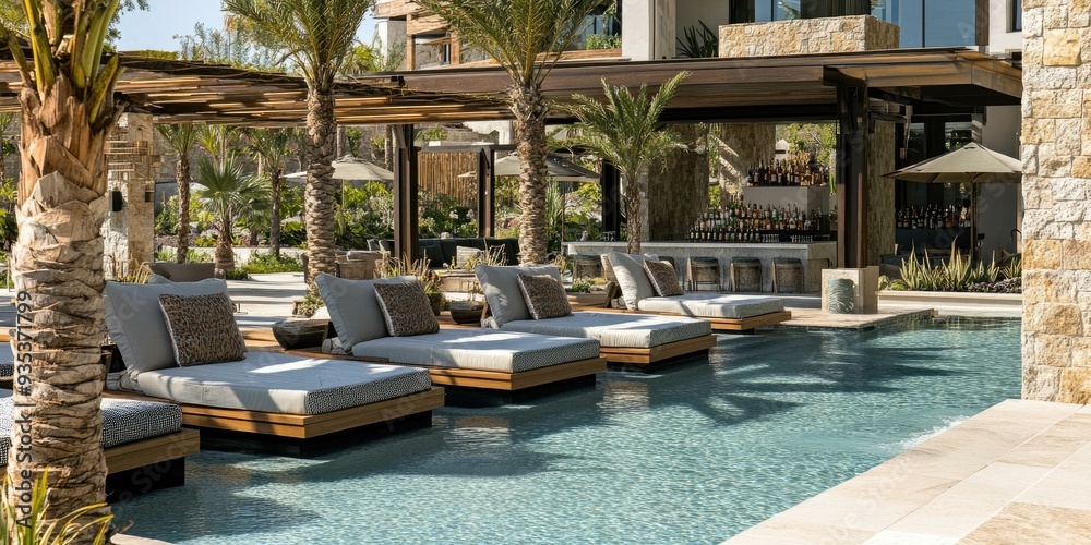 Fototapeta premium Poolside lounge chairs by a resort bar.