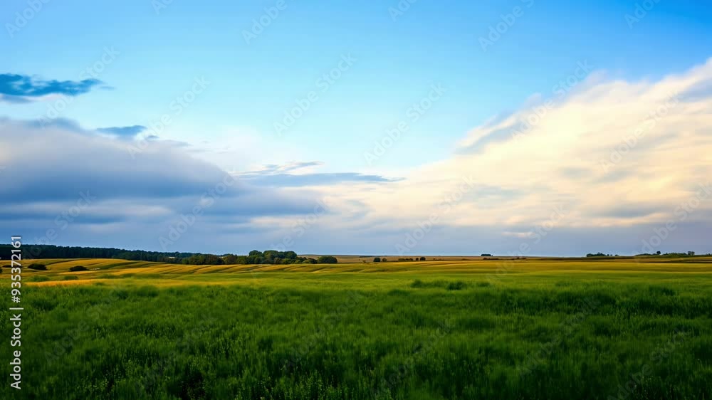 Golden and green fields stretch across the landscape beneath a dramatic sky filled with clouds during the late afternoon. Golden and green fields stretch across the landscape beneath a dramatic sky filled with clouds during the late afternoon.