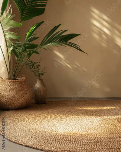 Sun shining on round jute rug in modern apartment with palm plant