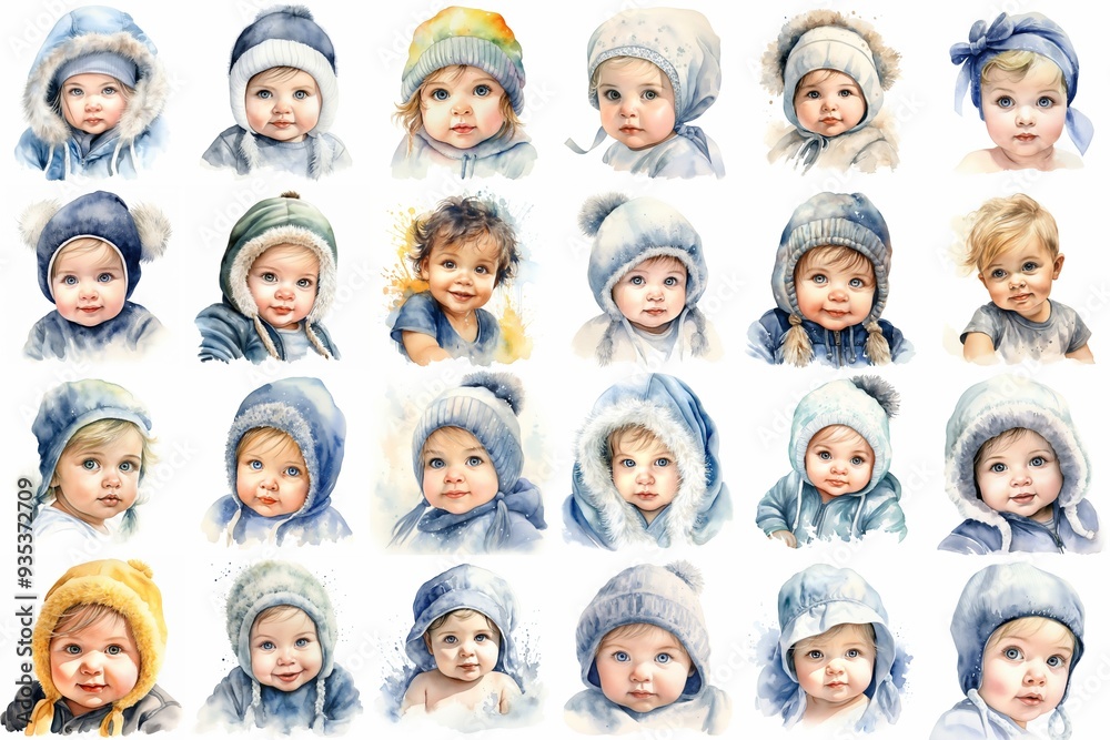 Adorable Baby Portraits in Warm Winter Clothing - Illustration of Multiple Cute Babies