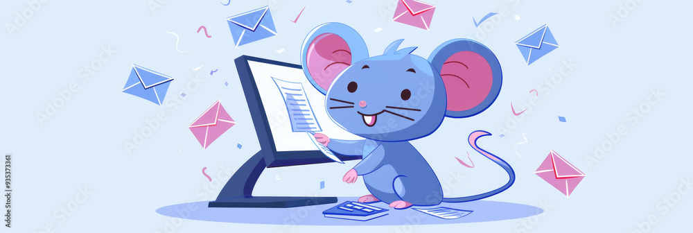 A cute, cartoon mouse interacts with a computer, surrounded by vibrant envelopes and a joyful atmosphere A cute, cartoon mouse interacts with a computer, surrounded by vibrant envelopes and a joyful atmosphere
