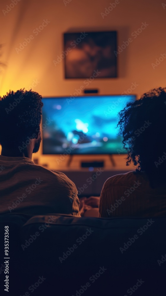 An African American couple relaxes on their couch, enjoying a movie while surrounded by warm, inviting light in their living room