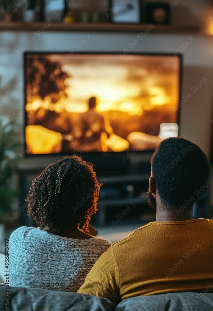 An African American couple unwinds together at home, watching their favorite show while enjoying a cozy evening in An African American couple unwinds together at home, watching their favorite show while enjoying a cozy evening in