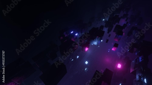 Fly through technology cyberspace with neon glow. Sci-fi constructions, mysterious 3d objects in fog. Sci-fi flight through hi-tech technology tunnel. Hologram and neon light. 3d looped seamless 4k bg photo