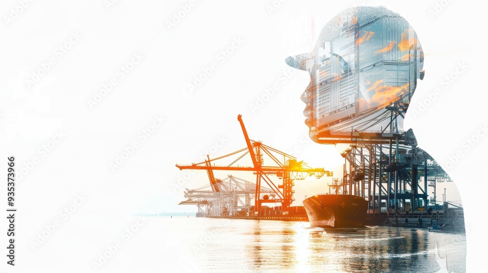 Double exposure photography of engineer man and the business Logistics and transportation of Container Cargo ship and Cargo plane with working crane bridge Double exposure photography of engineer man and the business Logistics and transportation of Container Cargo ship and Cargo plane with working crane bridge