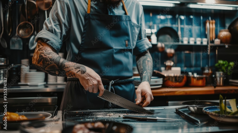 A professional chef sharpening a knife, with a stylish apron and a well-organized kitchen workspace A professional chef sharpening a knife, with a stylish apron and a well-organized kitchen workspace