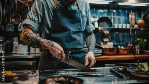 A professional chef sharpening a knife, with a stylish apron and a well-organized kitchen workspace