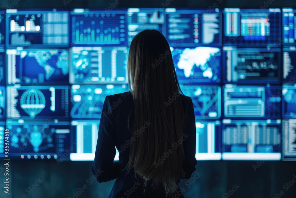 A woman with long hair studies multiple digital displays showcasing data analytics in a sleek, contemporary workspace A woman with long hair studies multiple digital displays showcasing data analytics in a sleek, contemporary workspace