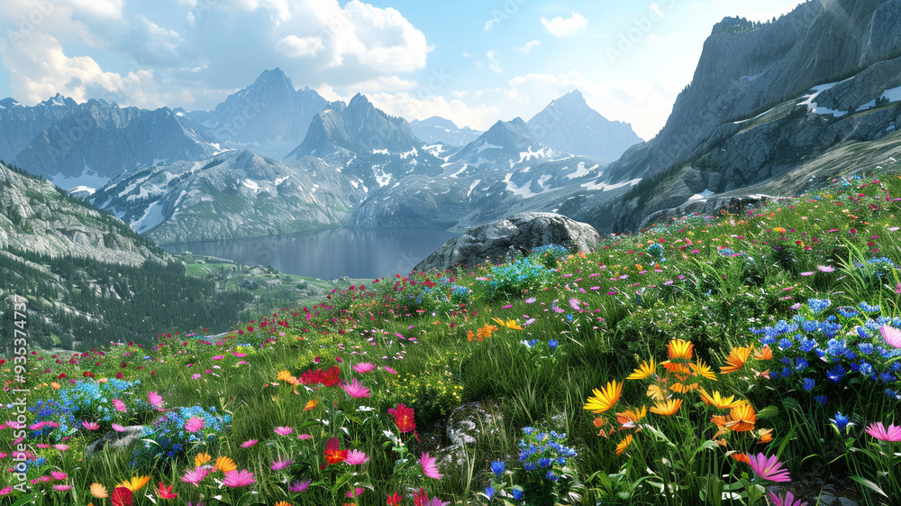 a plateau mountain with vibrant wildflowers and a serene lake a plateau mountain with vibrant wildflowers and a serene lake