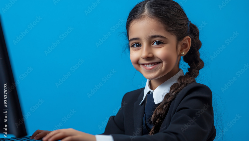 Happy girl in school uniform, sitting at the computer and smiling while typing on the keyboard Happy girl in school uniform, sitting at the computer and smiling while typing on the keyboard