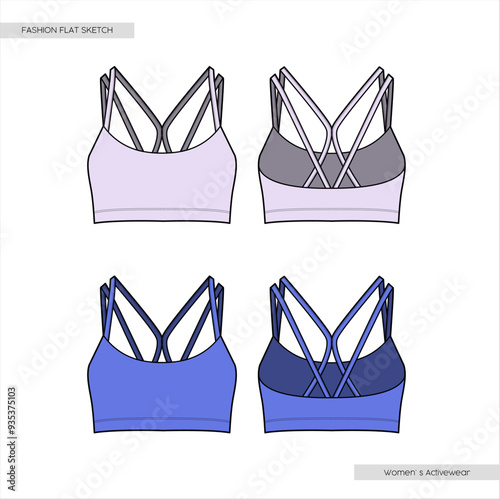 Activewear strip detailed sports bra fashion flat sketch. Technical drawings Illustrator vector template.