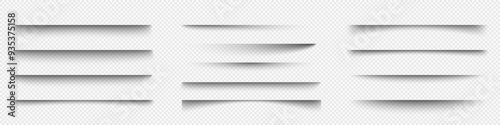 A set of shadows on a transparent background. Realistic soft shadows. Various shadows of the edge of the sheet. Layer separation element. Vector illustration.