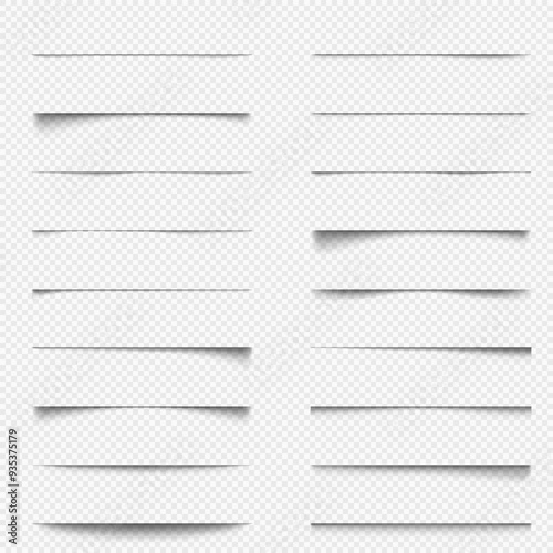 A set of shadows on a transparent background. Realistic soft shadows. Various shadows of the edge of the sheet. Layer separation element. Vector illustration.