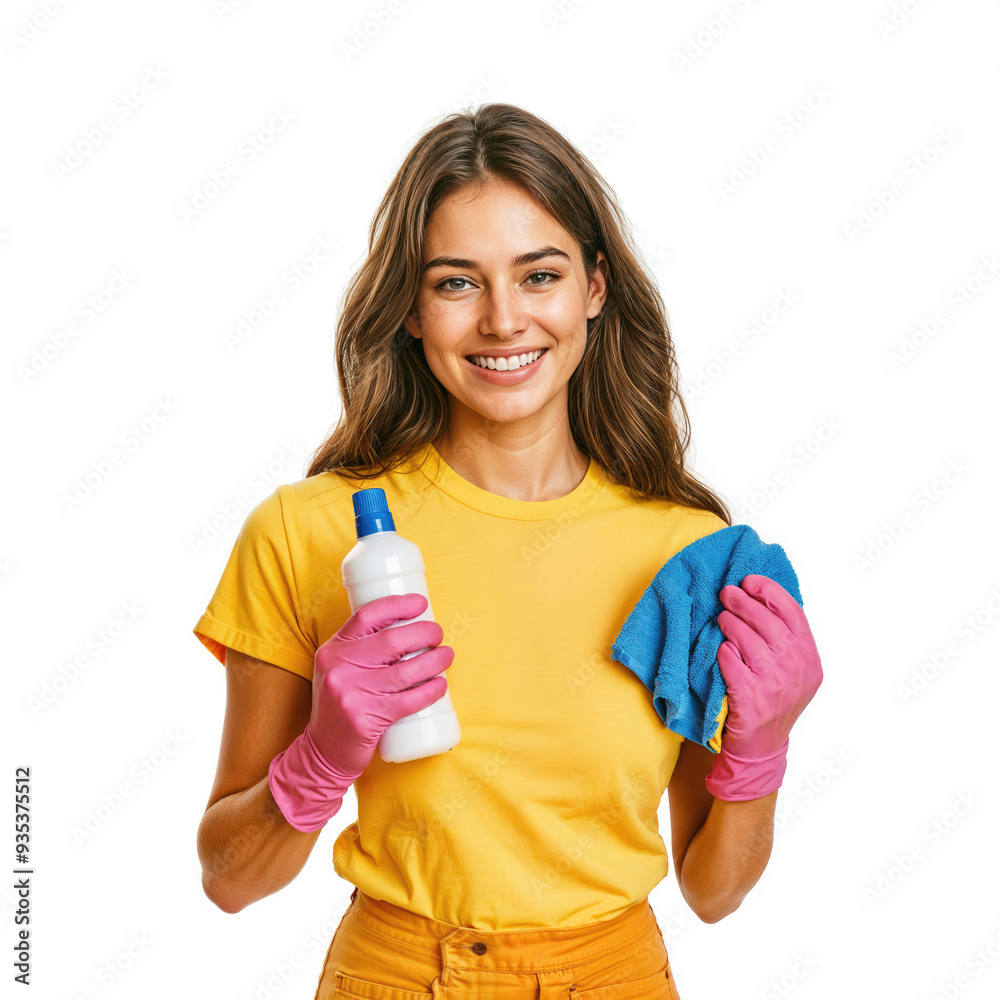 Young woman holding cleaning supplies smiling at camera Young woman holding cleaning supplies smiling at camera