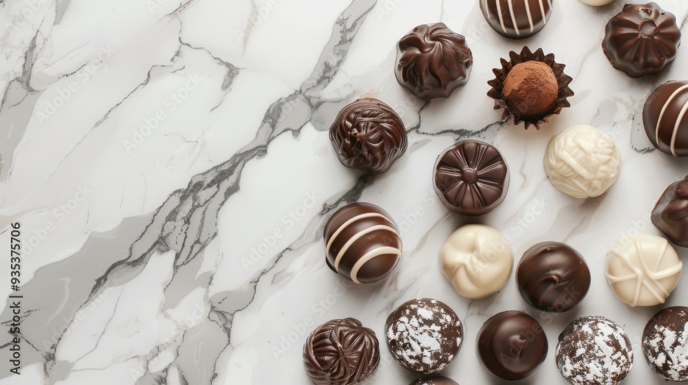 Luxurious Chocolate Candies on Pristine Marble Background with Copy Space Luxurious Chocolate Candies on Pristine Marble Background with Copy Space