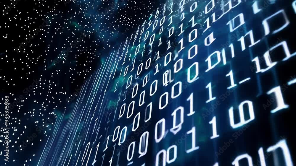 Binary numbers cascade in a digital display, set against a mesmerizing starry backdrop, illustrating the blend of technology and space.